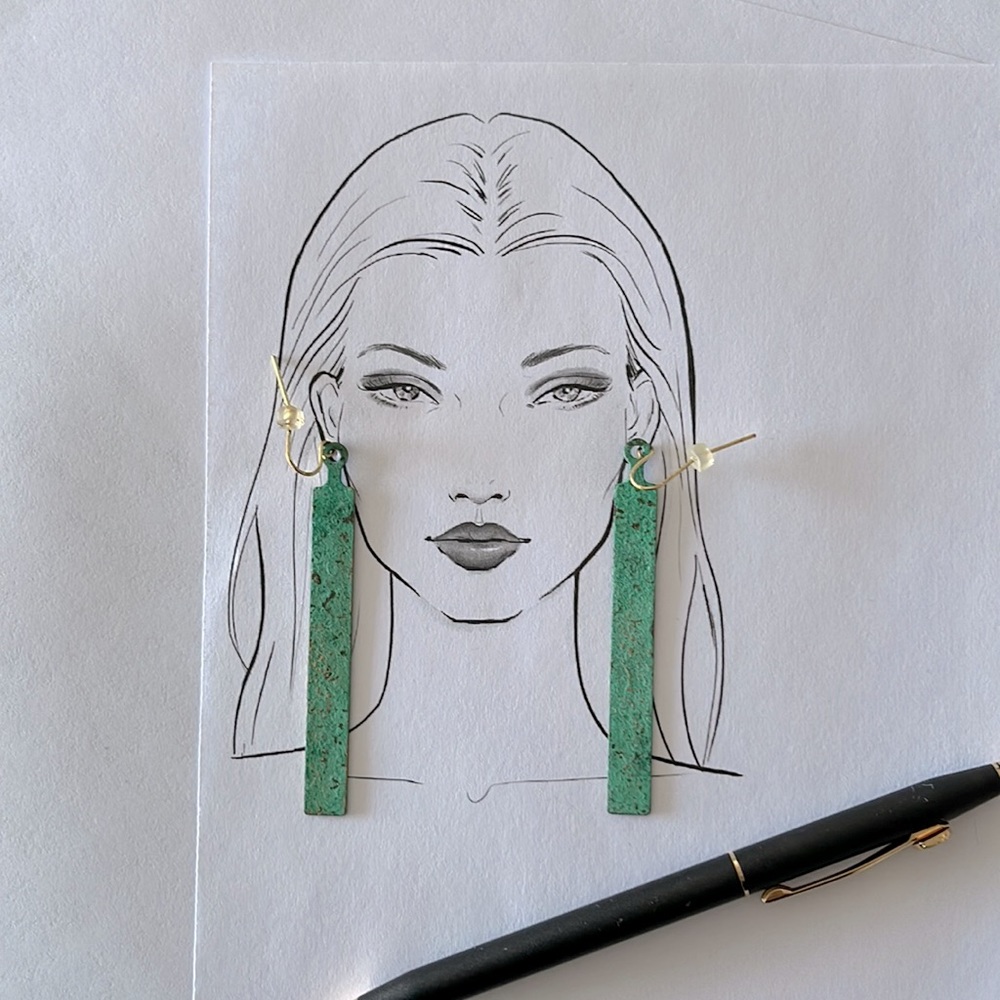 2 3/4” long metal earrings with stunning turquoise patina & French wire backing